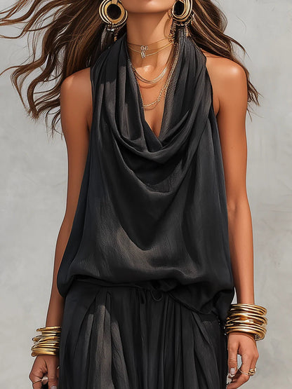 Black Halter Neck Sleeveless Top and Pleated Trousers Set – Sienna Noosa