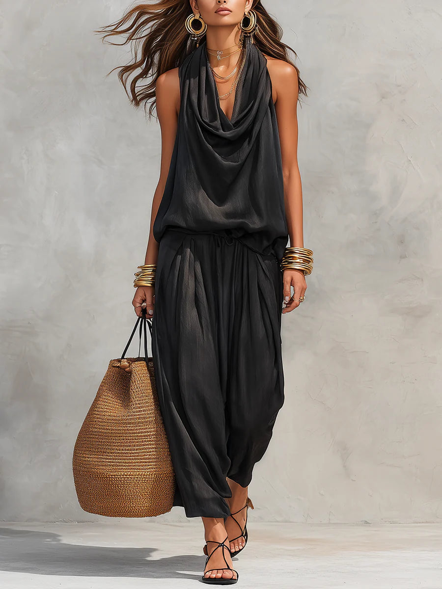 Black Halter Neck Sleeveless Top and Pleated Trousers Set – Sienna Noosa