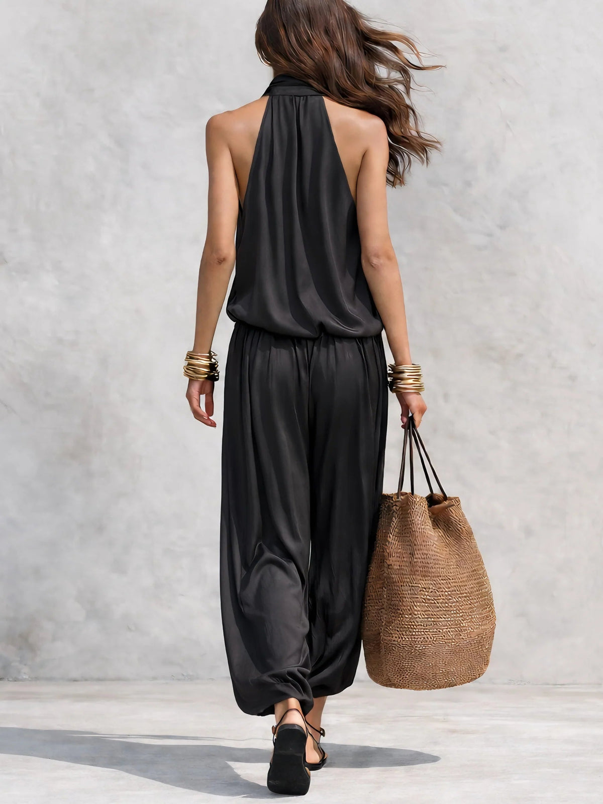 Black Halter Neck Sleeveless Top and Pleated Trousers Set – Sienna Noosa