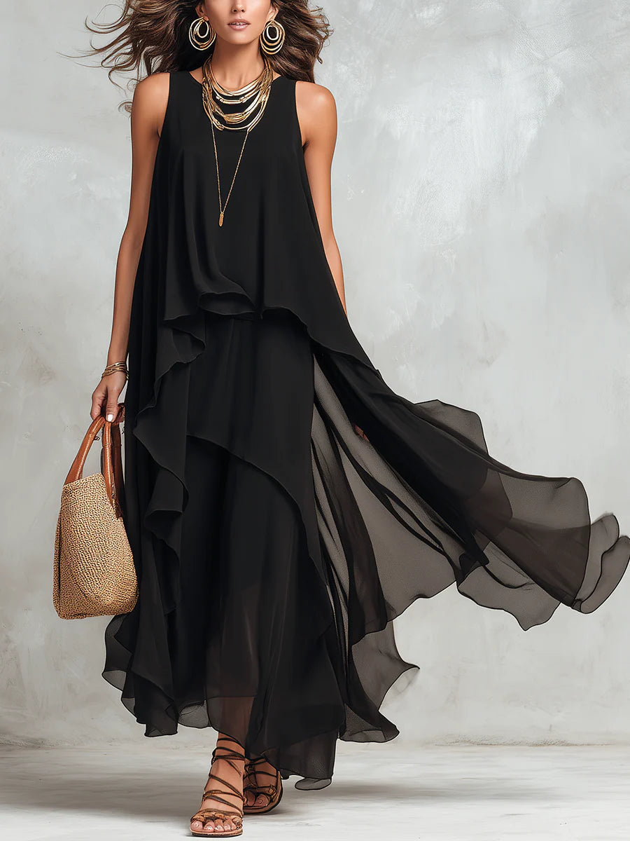 Black Chiffon Layered Round Neck Sleeveless Maxi Dress – Sienna Noosa