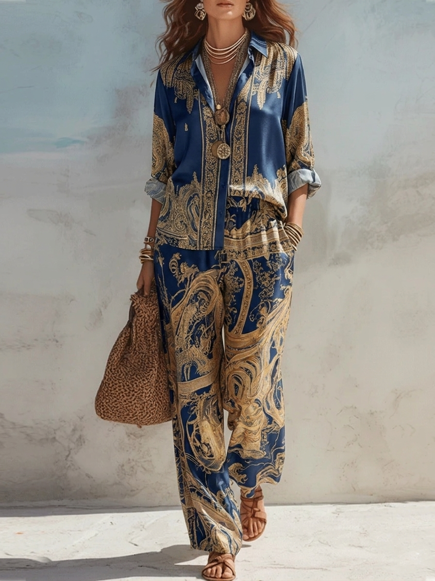 Laia Navy Baroque Print Shirt and Wide Leg Pants Two-Piece Set – Sienna Noosa