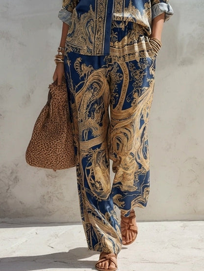 Laia Navy Baroque Print Shirt and Wide Leg Pants Two-Piece Set – Sienna Noosa