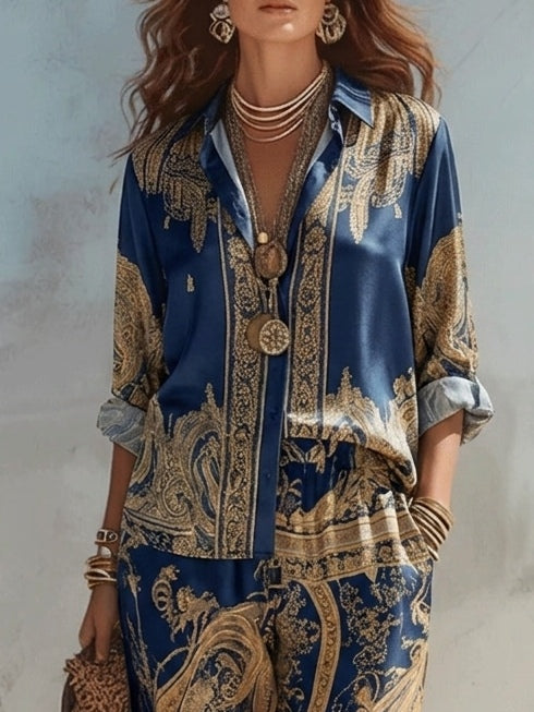 Laia Navy Baroque Print Shirt and Wide Leg Pants Two-Piece Set – Sienna Noosa