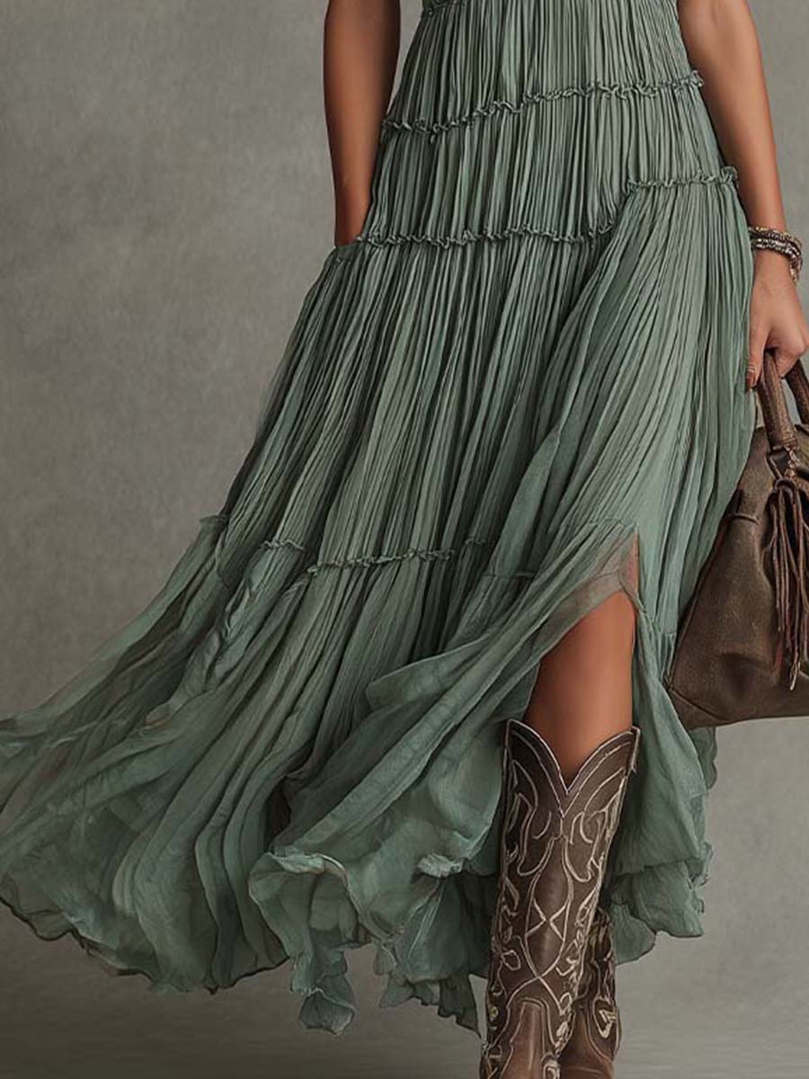 Sage Green Pleated Chiffon V Neck Flowing Maxi Dress – Sienna Noosa