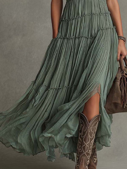 Sage Green Pleated Chiffon V Neck Flowing Maxi Dress – Sienna Noosa