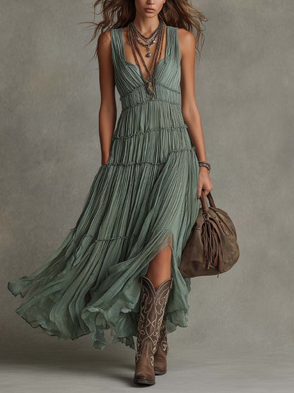 Sage Green Pleated Chiffon V Neck Flowing Maxi Dress – Sienna Noosa