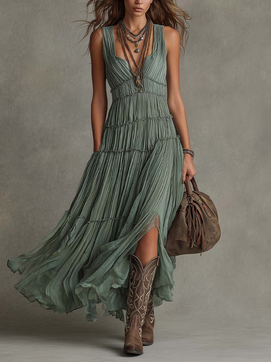 Sage Green Pleated Chiffon V Neck Flowing Maxi Dress – Sienna Noosa