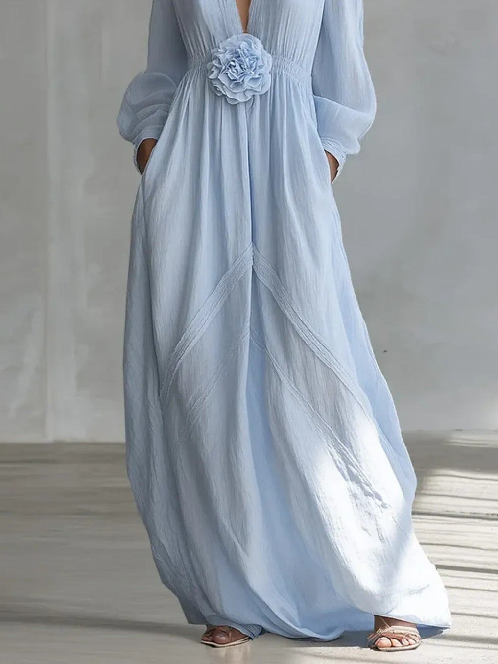 Blue Deep V Neck Three Dimensional Floral Maxi Dress – Sienna Noosa