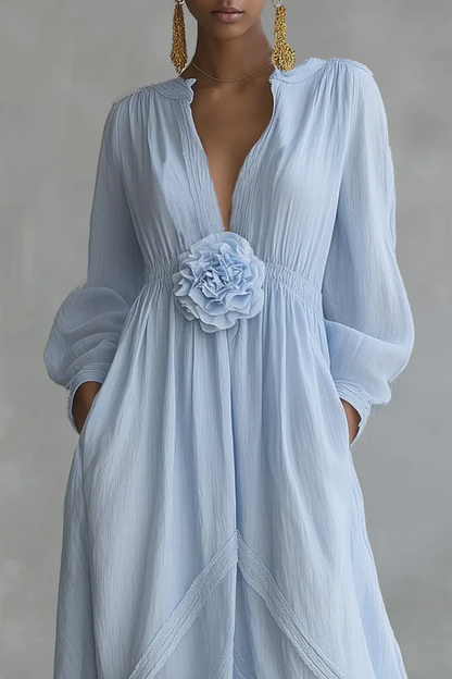 Blue Deep V Neck Three Dimensional Floral Maxi Dress – Sienna Noosa