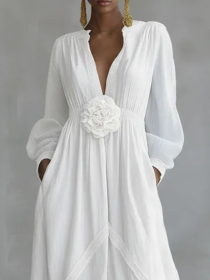 White Deep V Neck Three Dimensional Floral Maxi Dress – Sienna Noosa