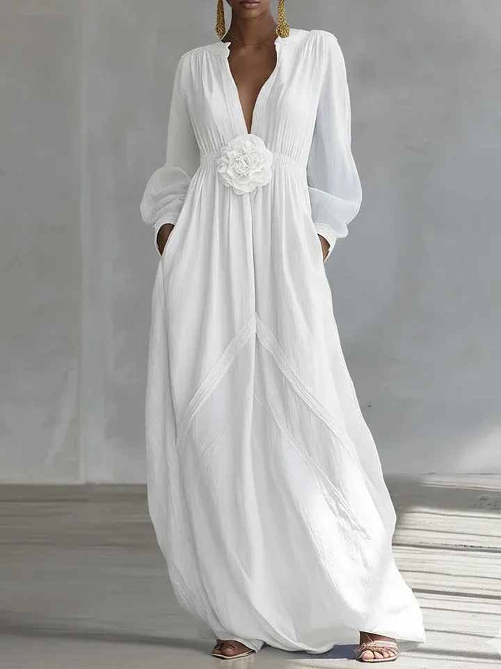 White Deep V Neck Three Dimensional Floral Maxi Dress – Sienna Noosa