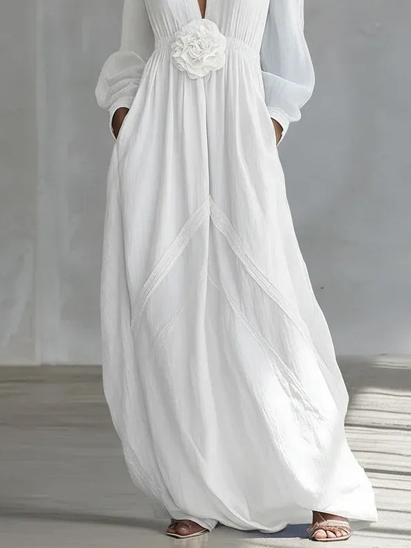 White Deep V Neck Three Dimensional Floral Maxi Dress – Sienna Noosa