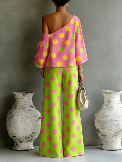 Colorful Polka Dot Off Shoulder Top and Wide Leg Pants Two-Piece Set – Sienna Noosa