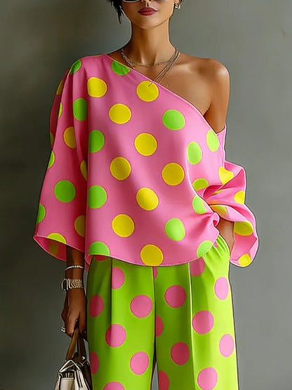 Colorful Polka Dot Off Shoulder Top and Wide Leg Pants Two-Piece Set – Sienna Noosa