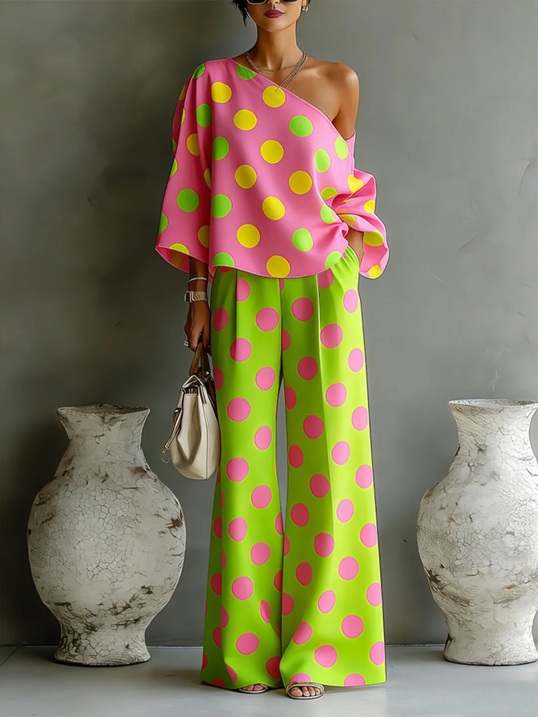 Colorful Polka Dot Off Shoulder Top and Wide Leg Pants Two-Piece Set – Sienna Noosa