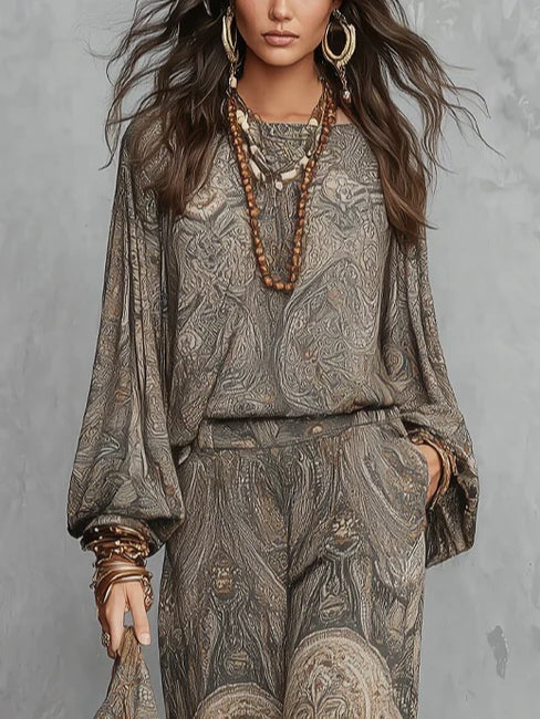 Grey Paisley Patterned Lantern Sleeve Top and Wide Leg Trousers Suit – Sienna Noosa