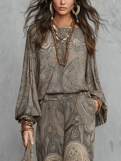 Grey Paisley Patterned Lantern Sleeve Top and Wide Leg Trousers Suit – Sienna Noosa