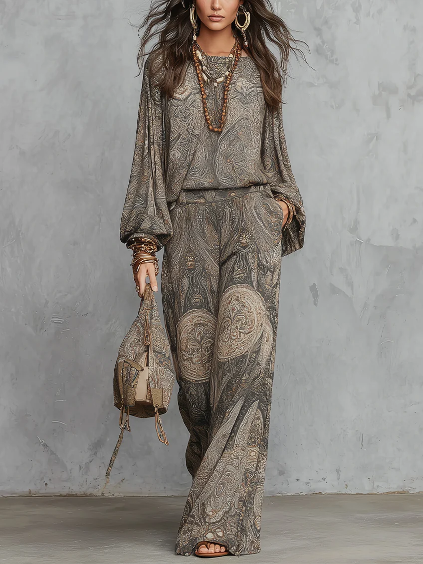 Grey Paisley Patterned Lantern Sleeve Top and Wide Leg Trousers Suit – Sienna Noosa