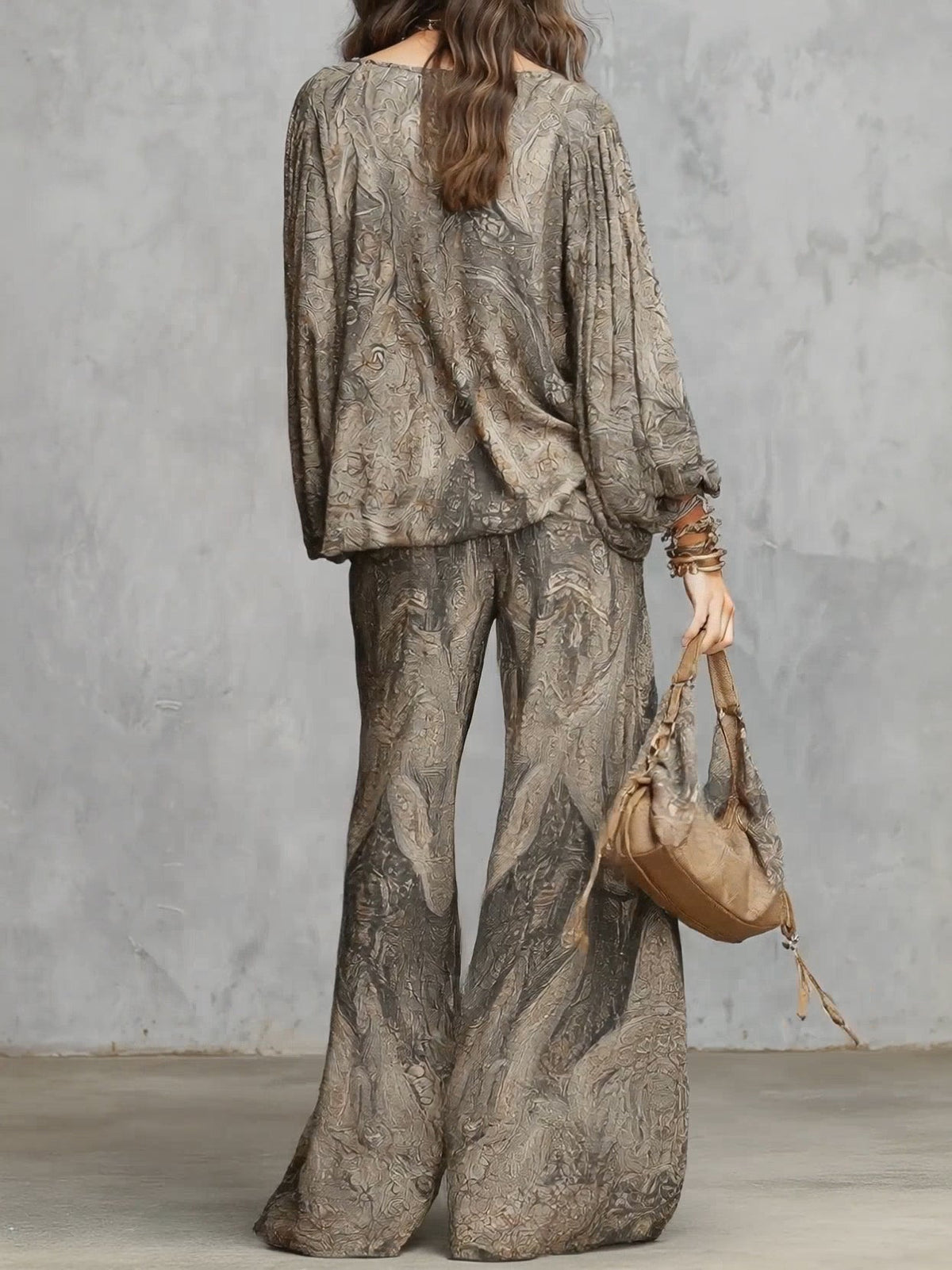 Grey Paisley Patterned Lantern Sleeve Top and Wide Leg Trousers Suit – Sienna Noosa