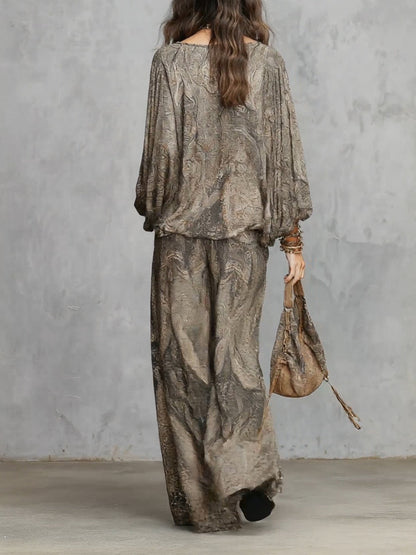 Grey Paisley Patterned Lantern Sleeve Top and Wide Leg Trousers Suit – Sienna Noosa