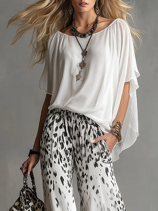 Flowy White T-shirt Shirt and Leopard Print Chiffon Pants Set – Sienna Noosa