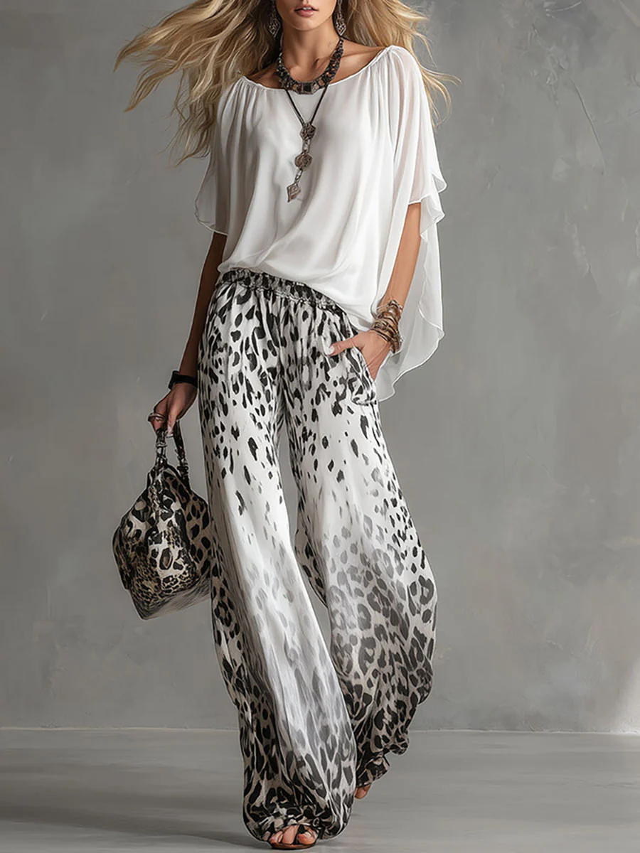 Flowy White T-shirt Shirt and Leopard Print Chiffon Pants Set – Sienna Noosa