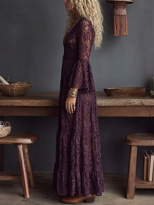 Purple Lace V Neck Ruched Bell Sleeve Sheer Maxi Dress – Sienna Noosa