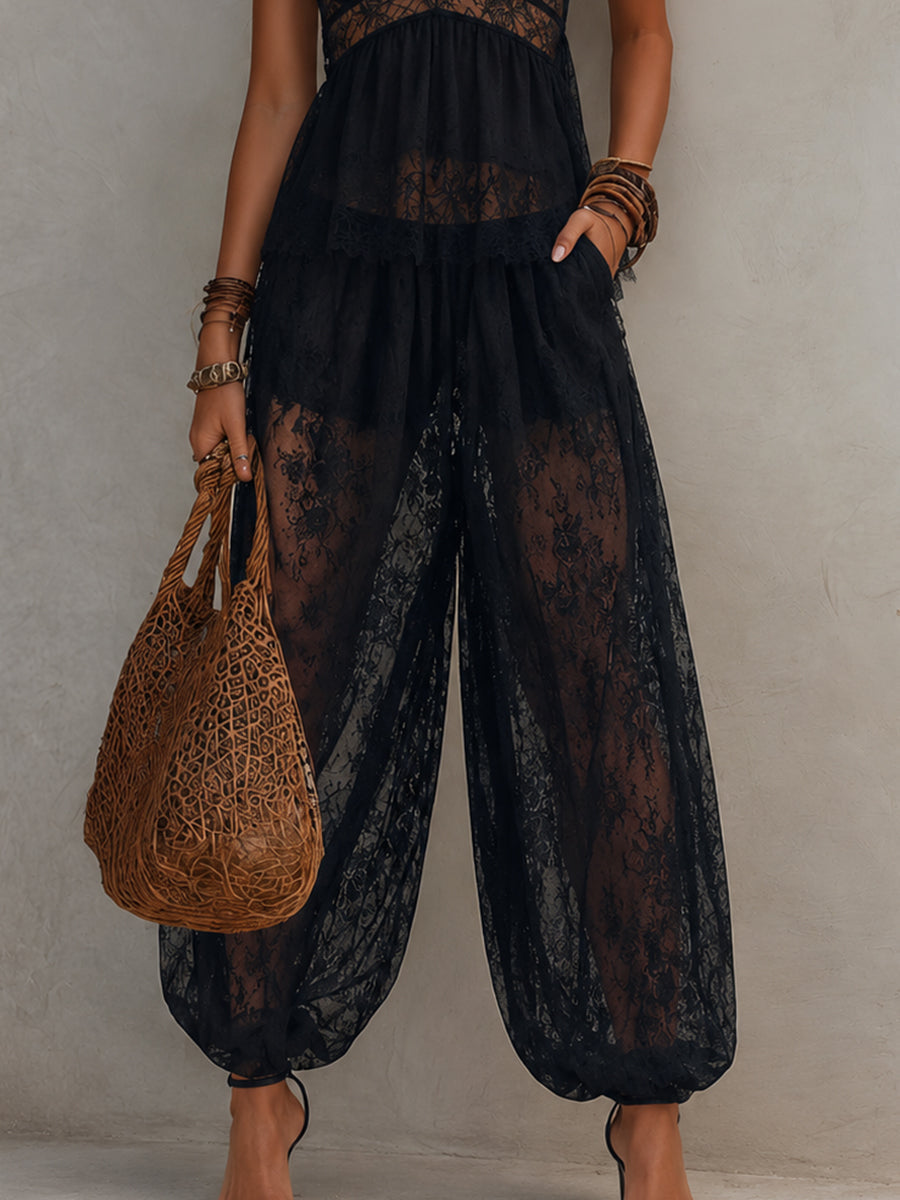 Black Backless Lace Trimmed Tank Top and Harem Pants Set – Sienna Noosa
