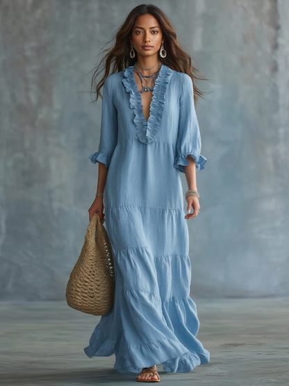 Soft Sky Blue Bohemian Ruffled Maxi Dress – Sienna Noosa