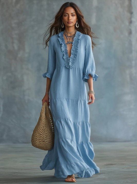 Soft Sky Blue Bohemian Ruffled Maxi Dress – Sienna Noosa