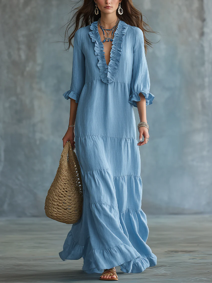 Soft Sky Blue Bohemian Ruffled Maxi Dress – Sienna Noosa