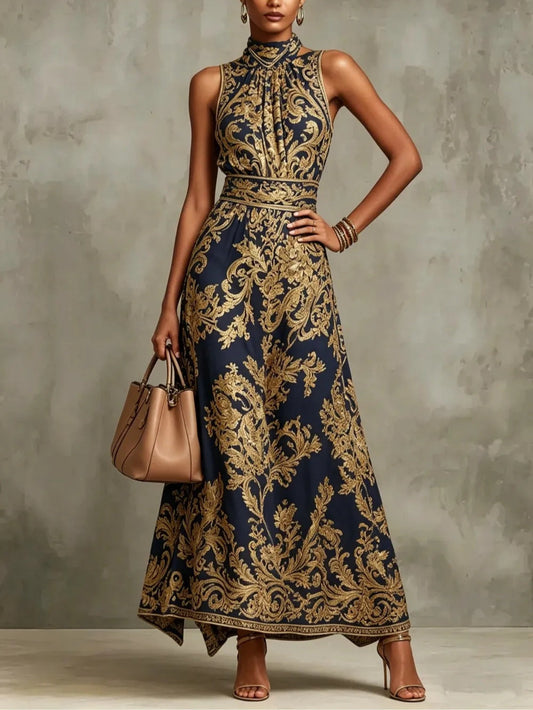 Navy Blue and Gold Baroque Print Halter Neck Sleeveless Maxi Dress – Sienna Noosa