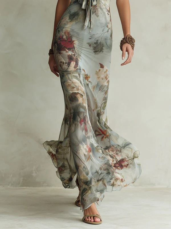 Retro Floral Print Halter Neck Fishtail Maxi Dress – Sienna Noosa