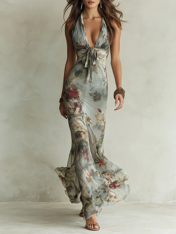 Retro Floral Print Halter Neck Fishtail Maxi Dress – Sienna Noosa