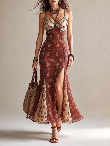Rust Red Floral Print Chiffon High Slit Spaghetti Strap Maxi Dress – Sienna Noosa