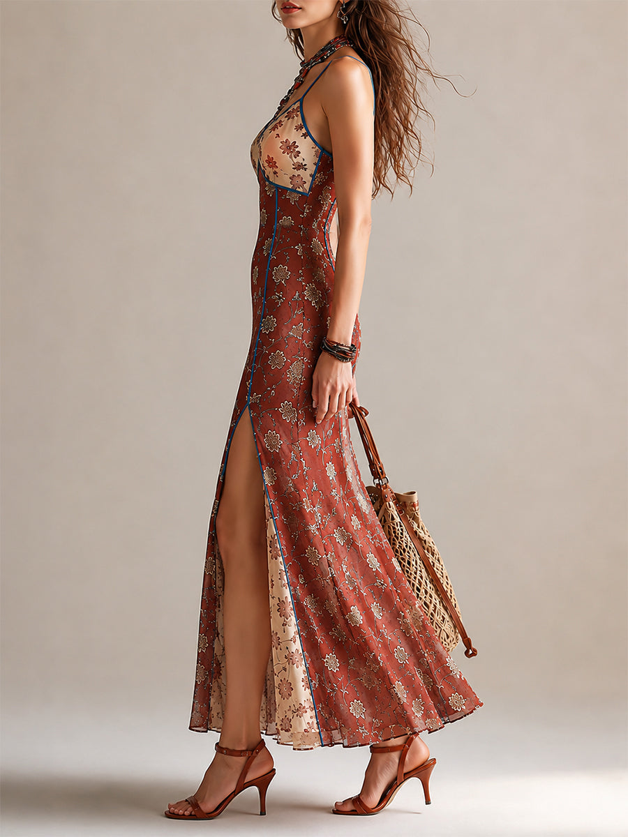 Rust Red Floral Print Chiffon High Slit Spaghetti Strap Maxi Dress – Sienna Noosa