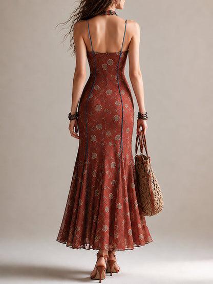 Rust Red Floral Print Chiffon High Slit Spaghetti Strap Maxi Dress – Sienna Noosa