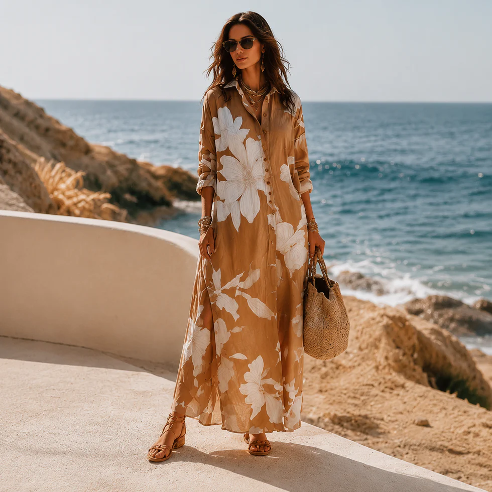 Brown White Floral Print Vacation Maxi Shirt Dress – Sienna Noosa
