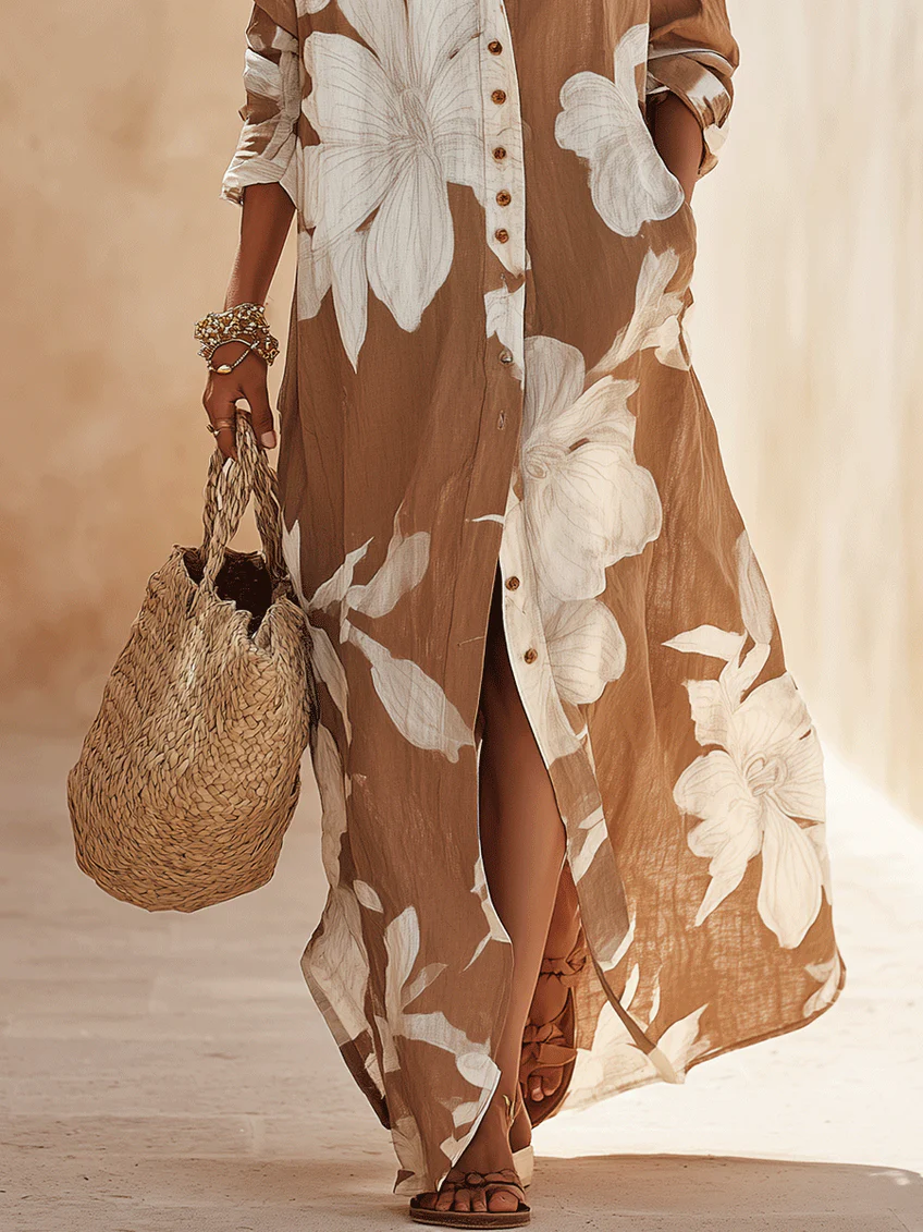Brown White Floral Print Vacation Maxi Shirt Dress – Sienna Noosa