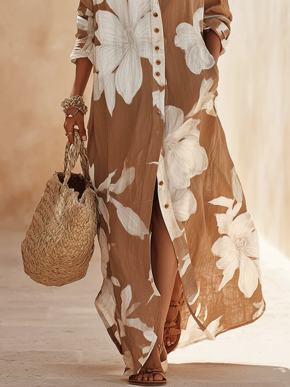 Brown White Floral Print Vacation Maxi Shirt Dress – Sienna Noosa