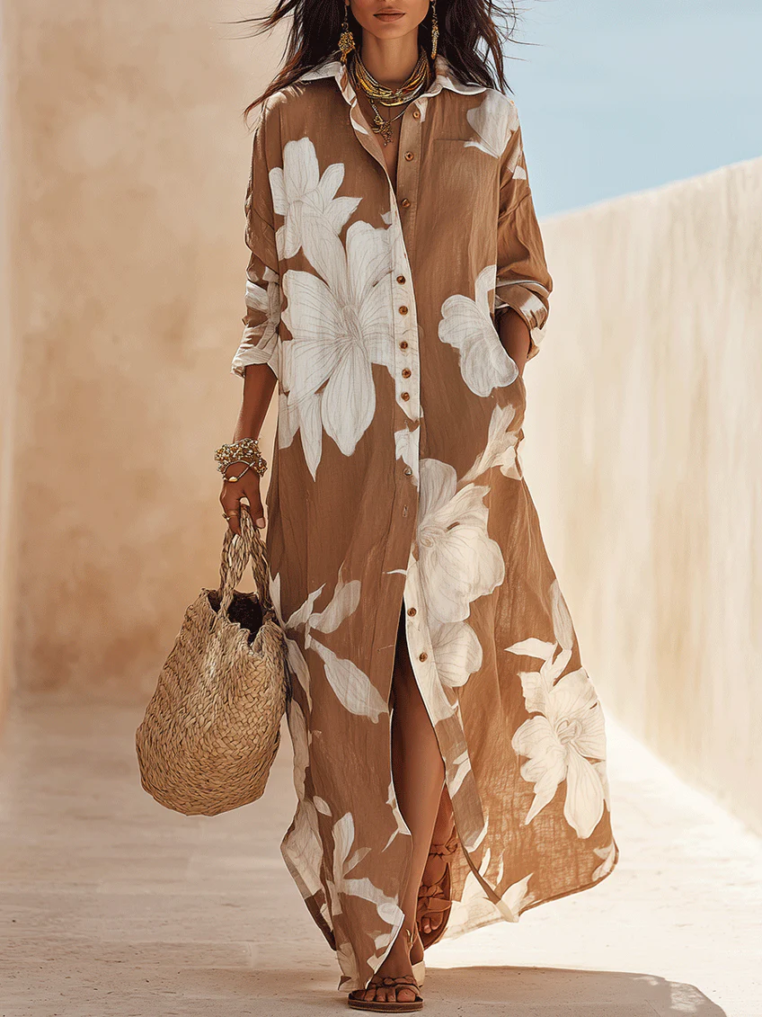 Brown White Floral Print Vacation Maxi Shirt Dress – Sienna Noosa