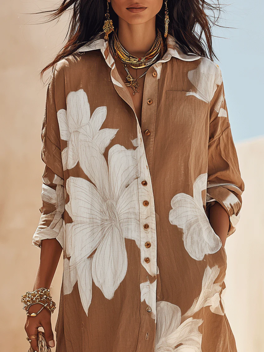Brown White Floral Print Vacation Maxi Shirt Dress – Sienna Noosa