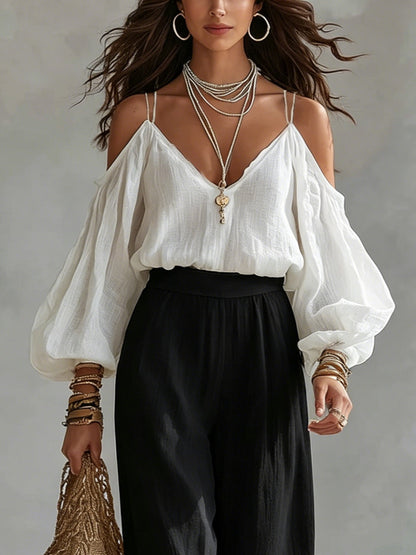 White Off the Shoulder Tank Top and Black Wide Leg Pants Suit – Sienna Noosa