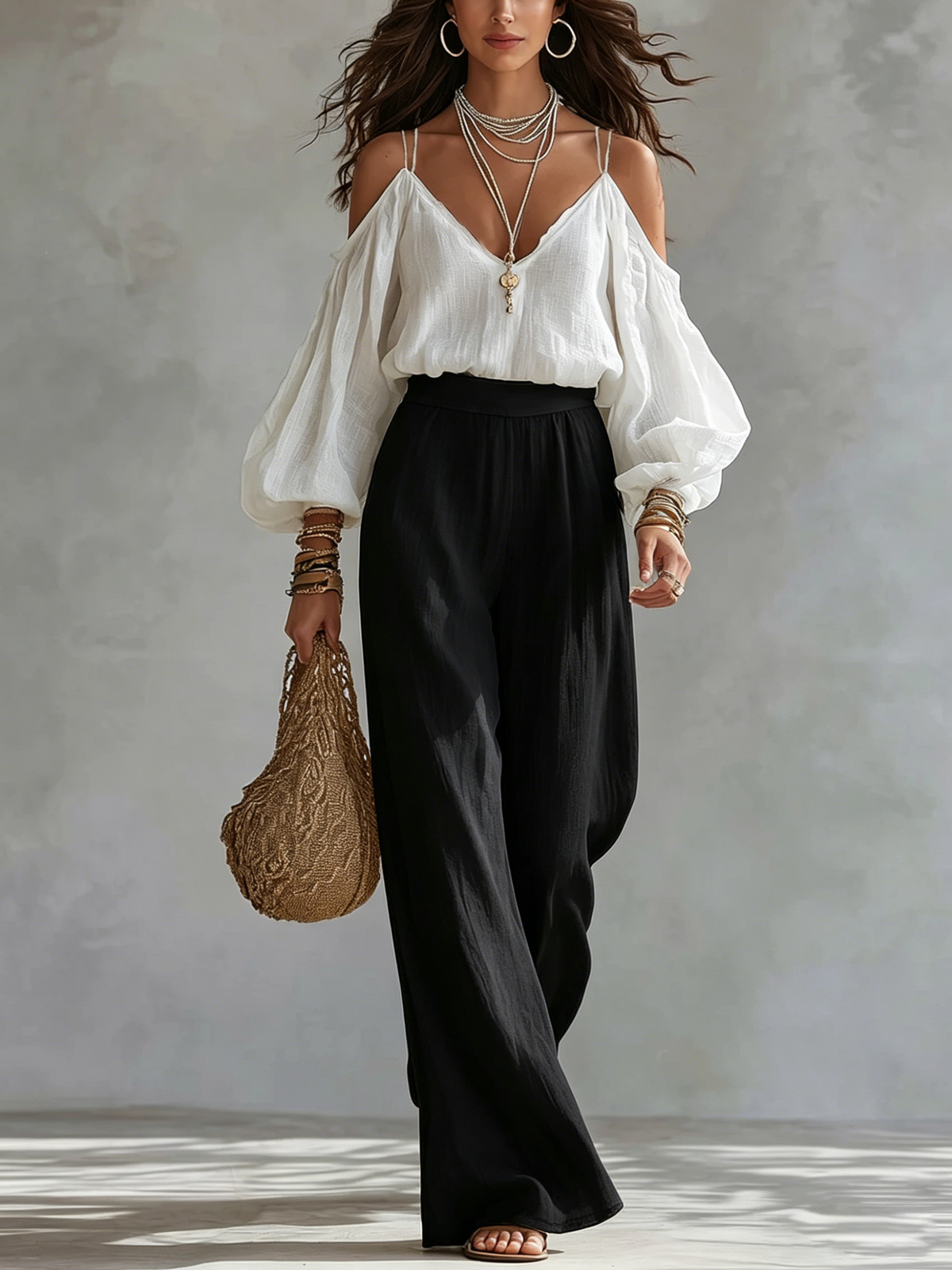 White Off the Shoulder Tank Top and Black Wide Leg Pants Suit – Sienna Noosa