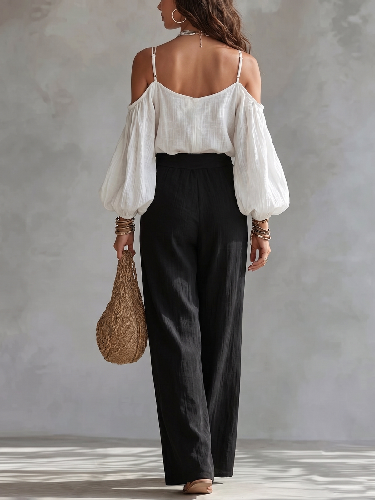 White Off the Shoulder Tank Top and Black Wide Leg Pants Suit – Sienna Noosa
