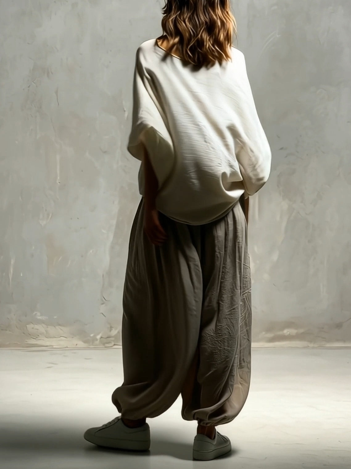 White Batwing Wide Sleeved Top and Light Khaki Harem Pants Suit – Sienna Noosa
