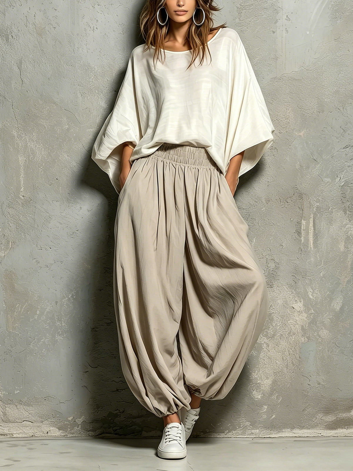 White Batwing Wide Sleeved Top and Light Khaki Harem Pants Suit – Sienna Noosa