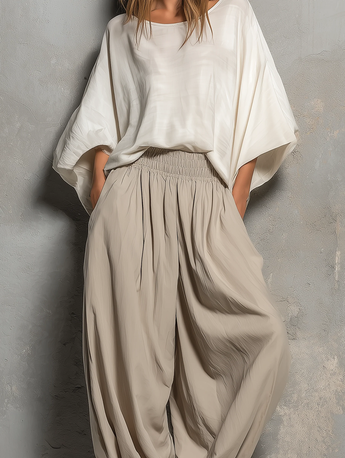 White Batwing Wide Sleeved Top and Light Khaki Harem Pants Suit – Sienna Noosa