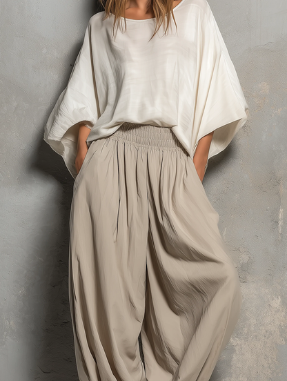White Batwing Wide Sleeved Top and Light Khaki Harem Pants Suit – Sienna Noosa