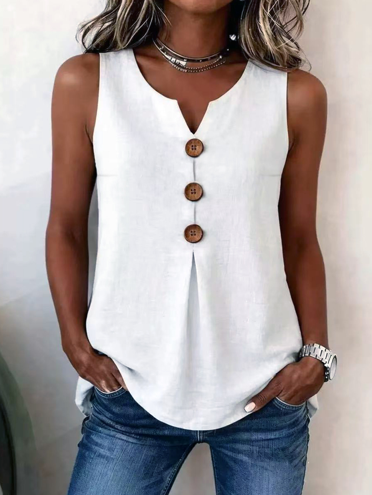 Solid Colour Button V Neck Sleeveless Top – Sienna Noosa
